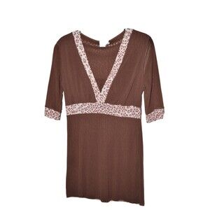 Sweet Pea Stacy Frati Women's M V Neck Mesh Top Shirt Brown Animal Print
